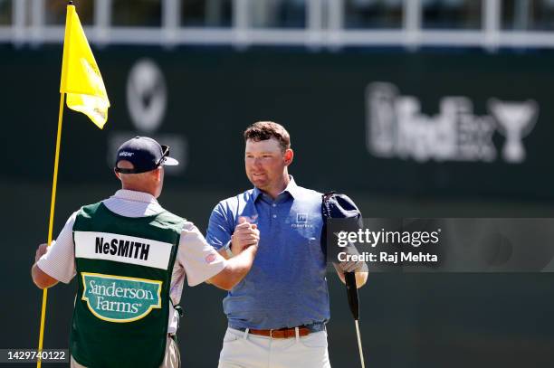 Matthew NeSmith of the United States reacts to his putt on the 18th green during the final round of the Sanderson Farms Championship at The Country...