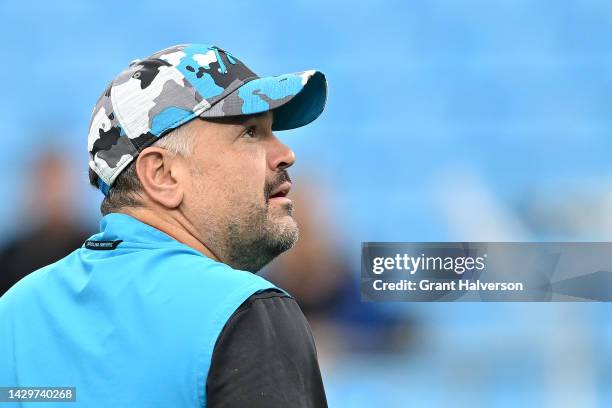 Head coach Matt Rhule of the Carolina Panthers looks on before the game against the Arizona Cardinalsat Bank of America Stadium on October 02, 2022...