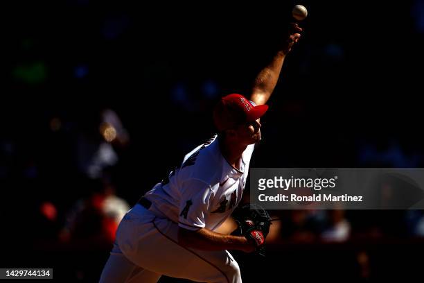 Tucker Davidson of the Los Angeles Angels throws against the Texas Rangers in the fourth inning at Angel Stadium of Anaheim on October 02, 2022 in...