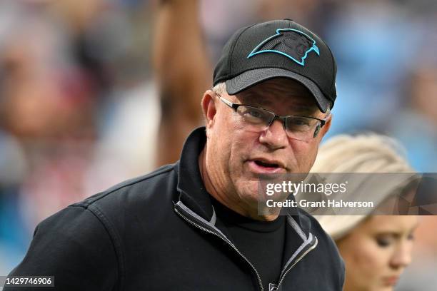 Owner David Tepper of the Carolina Panthers looks on during the first half of the game against the Arizona Cardinals at Bank of America Stadium on...