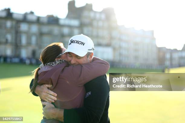 Ryan Fox of New Zealand embraces their Wife, Anneke as they secure victory on Day Four of the Alfred Dunhill Links Championship at the Old Course St....