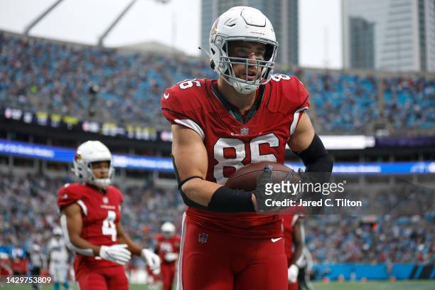 Zach Ertz of the Arizona Cardinals reacts after a touchdown during the third quarter against the Carolina Panthers at Bank of America Stadium on...