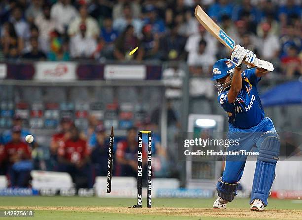 Mumbai Indians batsman Rudra Pratap Singh clean bold by Morne Morkel during the IPL T20 match between Mumbai Indians vs Delhi Daredevils at Wankhede...