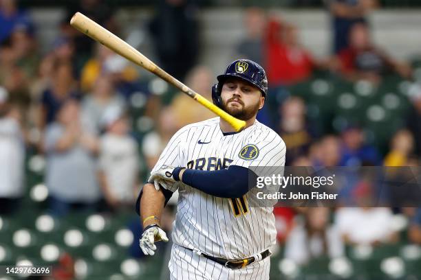 Rowdy Tellez of the Milwaukee Brewers throws his bat after making an out against the Miami Marlins at American Family Field on October 02, 2022 in...