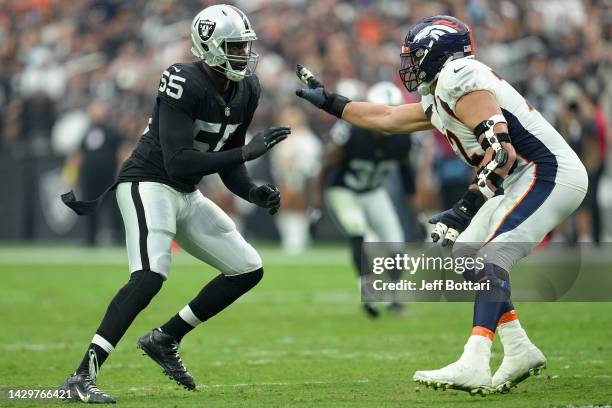 Chandler Jones of the Las Vegas Raiders rushes against Garett Bolles of the Denver Broncos in the fourth quarter at Allegiant Stadium on October 02,...