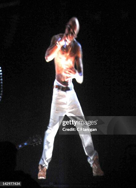 Hologram of deceased rapper Tupac Shakur performs during day 3 of the 2012 Coachella Music Festival at The Empire Polo Club on April 15, 2012 in...