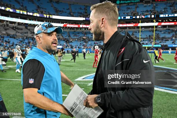 Head coaches Kliff Kingsbury of the Arizona Cardinals and Matt Rhule of the Carolina Panthers shake hands after their game at Bank of America Stadium...