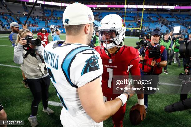 Kyler Murray of the Arizona Cardinals and Baker Mayfield of the Carolina Panthers at Bank of America Stadium on October 02, 2022 in Charlotte, North...