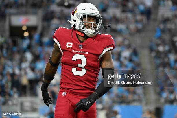 Budda Baker of the Arizona Cardinals reacts after a defensive stop against the Carolina Panthers during the fourth quarter at Bank of America Stadium...