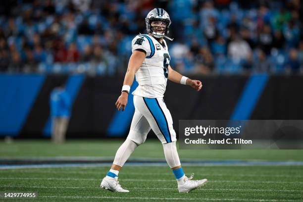 Baker Mayfield of the Carolina Panthers walks off the field during the fourth quarter of the game against the Arizona Cardinals at Bank of America...