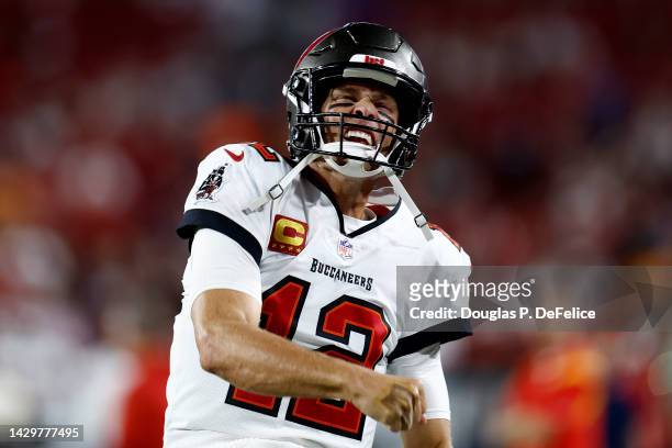 Tom Brady of the Tampa Bay Buccaneers reacts before the game against the Kansas City Chiefs at Raymond James Stadium on October 02, 2022 in Tampa,...