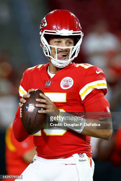 Patrick Mahomes of the Kansas City Chiefs warms up before the game against the Tampa Bay Buccaneers at Raymond James Stadium on October 02, 2022 in...