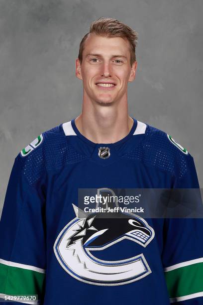 Tyler Myers of the Vancouver Canucks poses for his official headshot for the 2022-2023 season on September 21, 2022 at Rogers Arena in Vancouver,...