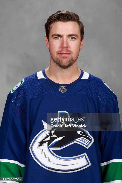 Tanner Pearson of the Vancouver Canucks poses for his official headshot for the 2022-2023 season on September 21, 2022 at Rogers Arena in Vancouver,...