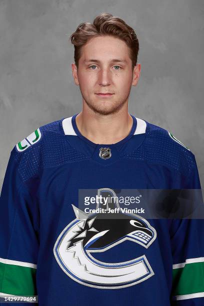Travis Dermott of the Vancouver Canucks poses for his official headshot for the 2022-2023 season on September 21, 2022 at Rogers Arena in Vancouver,...