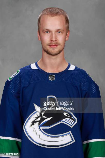 Elias Pettersson of the Vancouver Canucks poses for his official headshot for the 2022-2023 season on September 21, 2022 at Rogers Arena in...