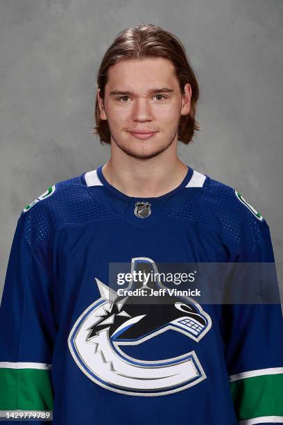 Vasily Podkolzin of the Vancouver Canucks poses for his official headshot for the 2022-2023 season on September 21, 2022 at Rogers Arena in...