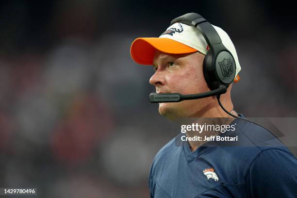 Head coach Nathaniel Hackett of the Denver Broncos looks on in the fourth quarter against the Las Vegas Raiders at Allegiant Stadium on October 02,...