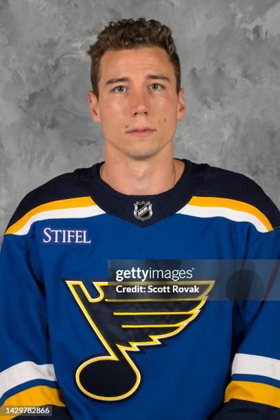 Tyler Pitlick of the St. Louis Blues poses for his official headshot for the 2022-2023 season on September 22, 2022 at the Centene Community Ice...