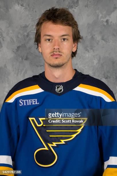 Mathias Laferriere of the St. Louis Blues poses for his official headshot for the 2022-2023 season on September 22, 2022 at the Centene Community Ice...