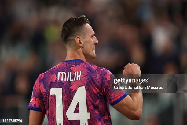 Arkadiusz Milik of Juventus celebrates after scoring to give the side a 3-0 lead during the Serie A match between Juventus and Bologna FC at Allianz...