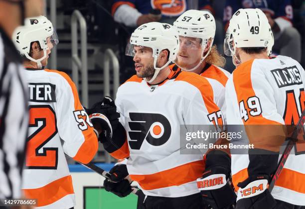Tony DeAngelo of the Philadelphia Flyers celebrates his second period powerplay goal against the New York Islanders at the UBS Arena on October 02,...