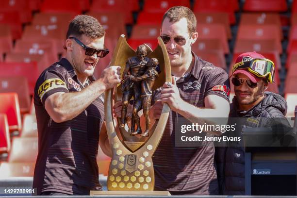 Co-captains Nathan Cleary of the panthers and Isaah Yeo of the Panthers deliver the 2022 premiership trophy during a fan day at at BlueBet Stadium...