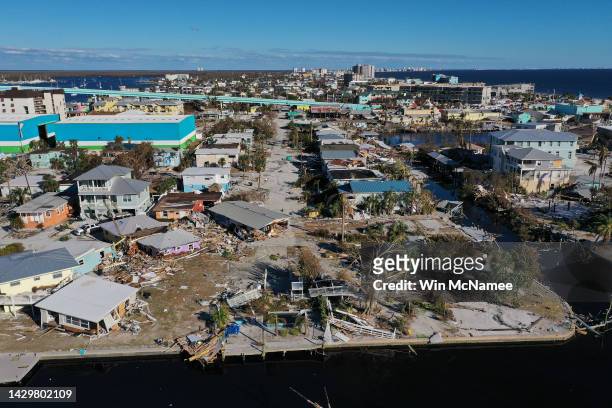 In this aerial view, the destruction left in the wake of Hurricane Ian is shown on October 02, 2022 in Fort Myers Beach, Florida. Fort Myers Beach...