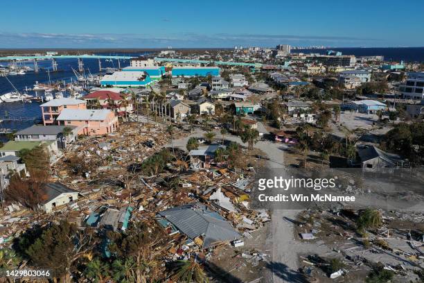 In this aerial view, destruction left in the wake of Hurricane Ian is shown on October 02, 2022 in Fort Myers Beach, Florida. Fort Myers Beach...