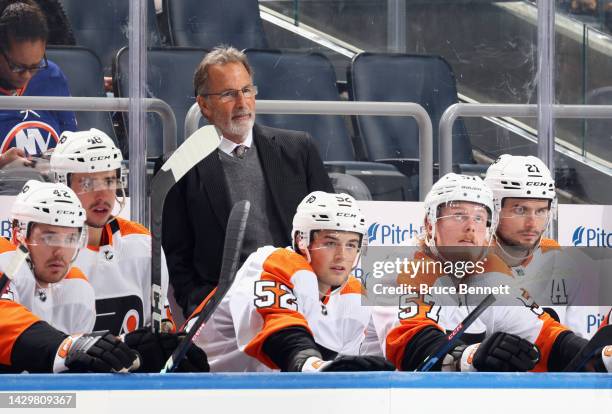 Head coach John Tortorella of the Philadelphia Flyers handles the bench against the New York Islanders at the UBS Arena on October 02, 2022 in...