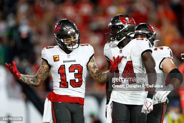 Mike Evans of the Tampa Bay Buccaneers celebrates a touchdown reception from Tom Brady with Chris Godwin against the Kansas City Chiefs during the...
