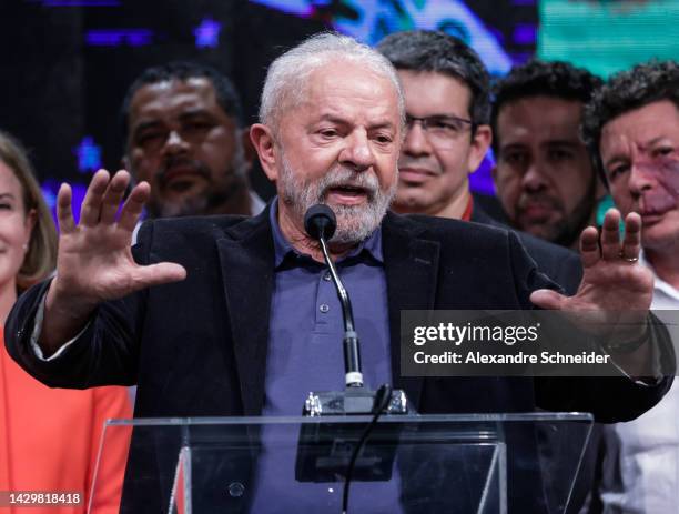 Former president of Brazil and candidate of Worker's Party Luiz Inacio Lula da Silva speaks during a press conference at the end of the general...