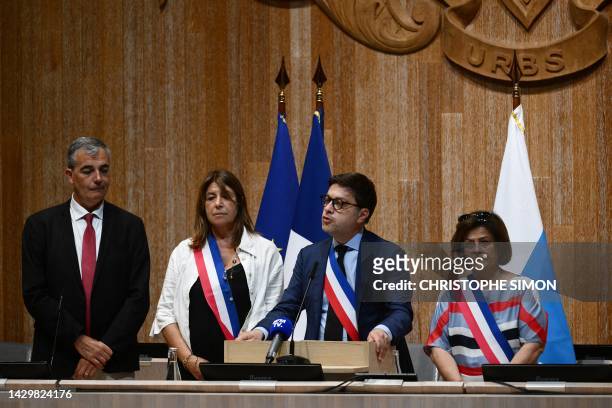Marseille mayor Benoit Payan speaks in the city hall during a nationwide action in Marseille, southeastern France on July 3 after France's mayors...