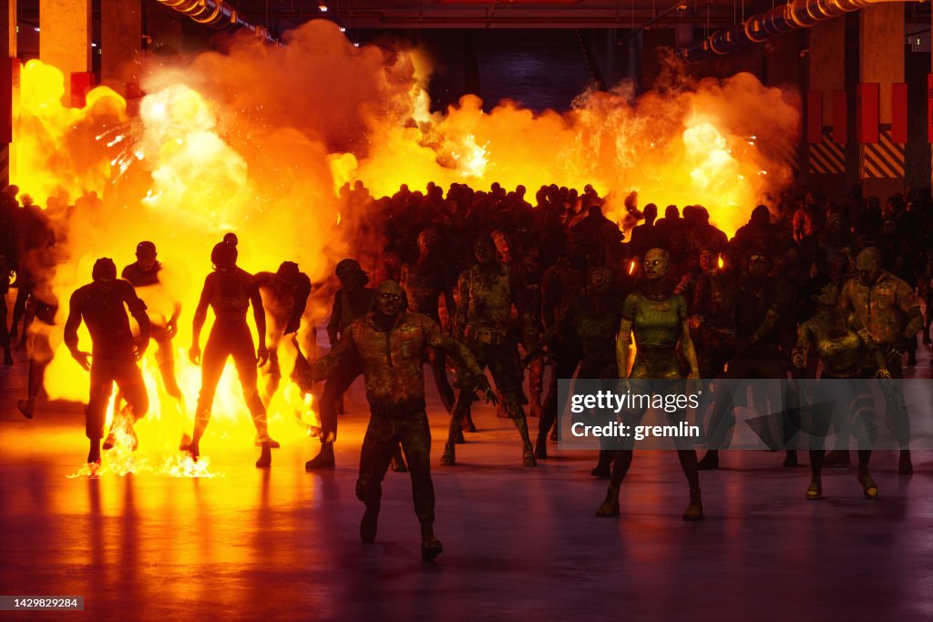 Hordes of zombies in burning underground garage
