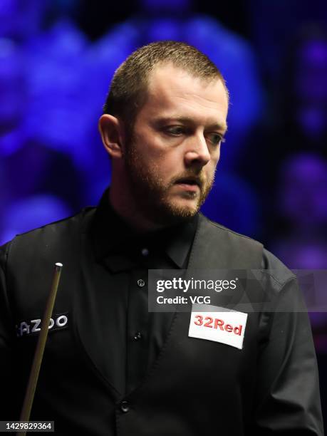 Mark Allen of Northern Ireland reacts in the final match against Ryan Day of Wales on day seven of the 2022 Cazoo British Open at Marshall Arena on...