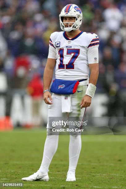 Quarterback Josh Allen of the Buffalo Bills looks on against the Baltimore Ravens at M&T Bank Stadium on October 02, 2022 in Baltimore, Maryland.