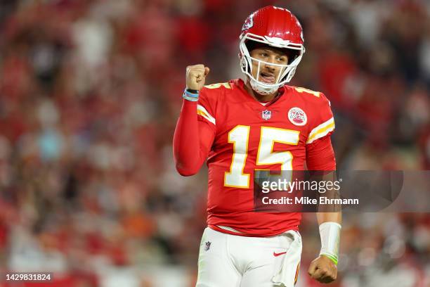 Patrick Mahomes of the Kansas City Chiefs celebrates a touchdown against the Tampa Bay Buccaneers during the second quarter at Raymond James Stadium...