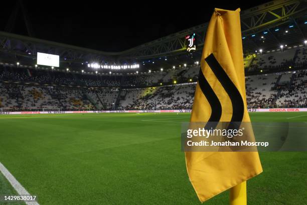 General view of the stadium showing a branded corner flag during the pre-match entertainment prior to the Serie A match between Juventus and Bologna...
