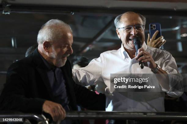 Vice presidential candidate Geraldo Alckmin speaks to supporters next to former president of Brazil and candidate of Worker's Party Luiz Inacio Lula...