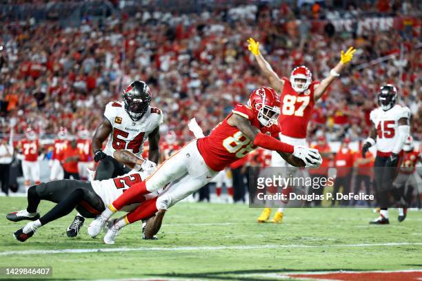 Jody Fortson of the Kansas City Chiefs dives into the endzone for a touchdown against the Tampa Bay Buccaneers during the third quarter at Raymond...