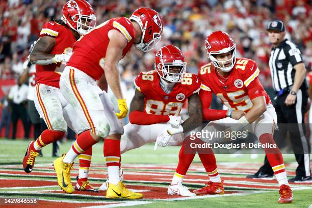 Patrick Mahomes and Jody Fortson of the Kansas City Chiefs celebrate a touchdown against the Tampa Bay Buccaneers during the third quarter at Raymond...