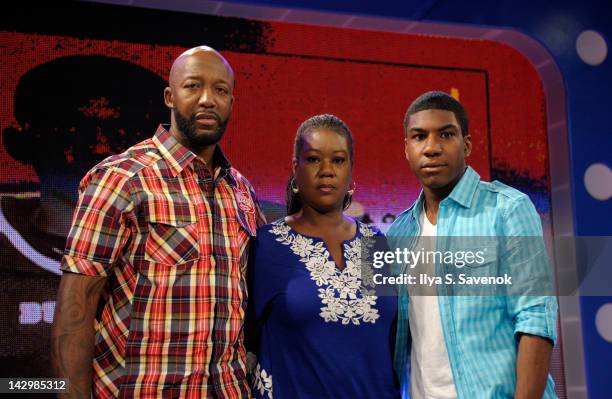 Trayvon Martin's family Sybrina Fulton, Tracy Martin and Jahvaris Fulton visits BET's "106 & Park" at the BET Studios on April 16, 2012 in New York...