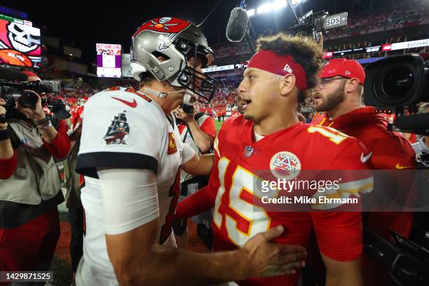 Patrick Mahomes of the Kansas City Chiefs shakes hands with Tom Brady of the Tampa Bay Buccaneers after defeating the Tampa Bay Buccaneers 41-31 at...