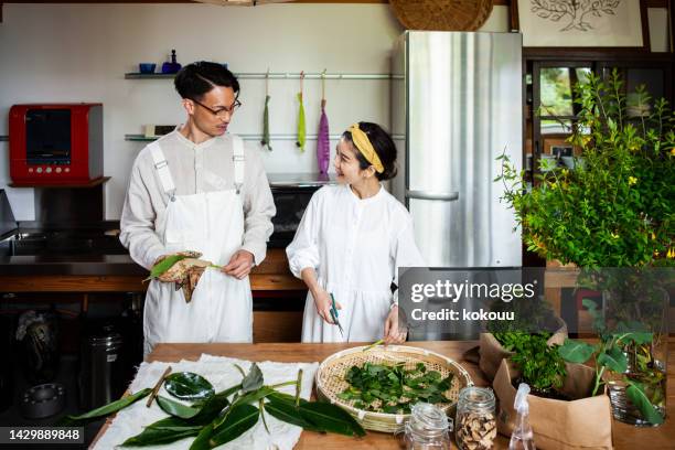 a couple with a sustainable lifestyle working in the kitchen. - only japanese stock pictures, royalty-free photos & images