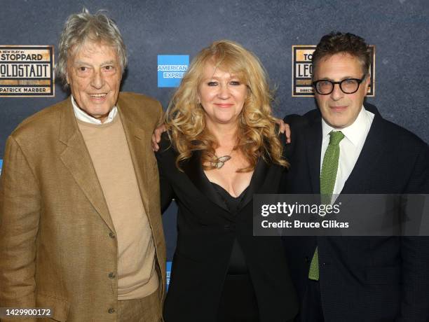 Tom Stoppard, Sonia Friedman and Patrick Marber pose at the opening night of the new Tom Stoppard play "Leopoldstadt" on Broadway at The Longacre...