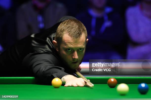 Mark Allen of Northern Ireland plays a shot in the final match against Ryan Day of Wales on day seven of the 2022 Cazoo British Open at Marshall...