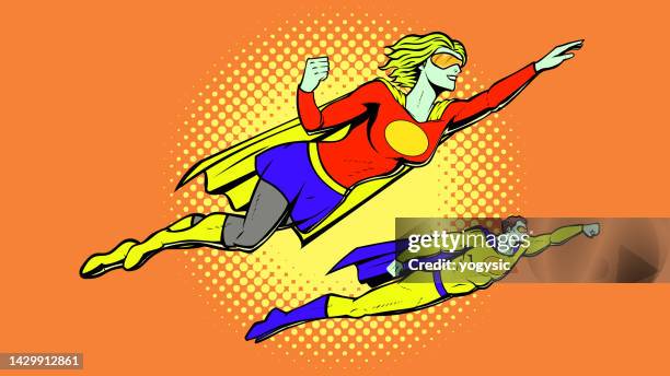 stockillustraties, clipart, cartoons en iconen met vector retro pop art superhero couple flying stock illustration - cosplay
