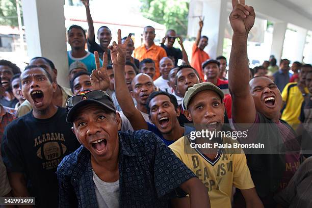 Supporters of Taur Matan Ruak react as the former military chief easily wins over Francisco "Lu Olo " Guterres in the run-off Presidential elections...