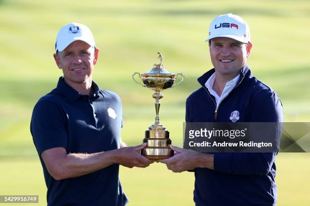 Team captains Luke Donald of England and Zach Johnson of United States pose for a photograph with the Ryder Cup during the Ryder Cup 2023 Year to Go...