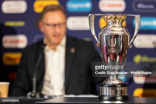 The Rugby World Cup Women's trophy on show at the 2021 Rugby World Cup Tournament Opening Press Conference at The Grand Sky City on October 03, 2022...